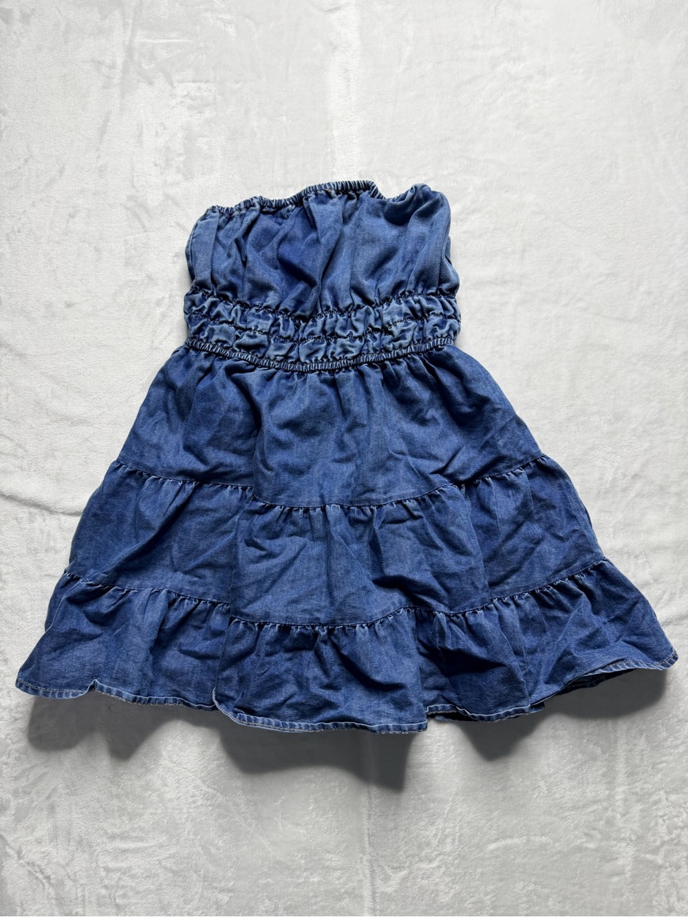 Women’s Denim Tiered Strapless Mini Dress in Denim Blue